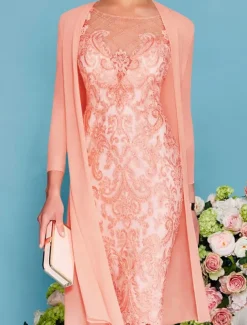 Two Piece Sheath Beach Wedding Mother of the Bride Dress Wedding Guest Elegant Jewel Neck Knee Length Chiffon Lace 3/4 Length Sleeve Wrap Included Jacket Dresses with Beading Appliques