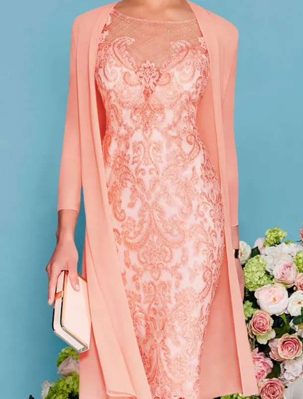 Two Piece Sheath Beach Wedding Mother of the Bride Dress Wedding Guest Elegant Jewel Neck Knee Length Chiffon Lace 3/4 Length Sleeve Wrap Included Jacket Dresses with Beading Appliques