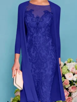 Two Piece Sheath Beach Wedding Mother of the Bride Dress Wedding Guest Elegant Jewel Neck Knee Length Chiffon Lace 3/4 Length Sleeve Wrap Included Jacket Dresses with Beading Appliques