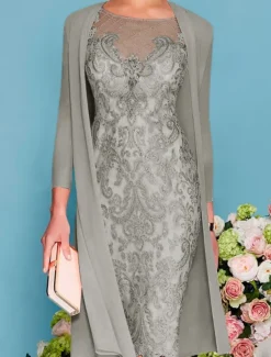 Two Piece Sheath Beach Wedding Mother of the Bride Dress Wedding Guest Elegant Jewel Neck Knee Length Chiffon Lace 3/4 Length Sleeve Wrap Included Jacket Dresses with Beading Appliques