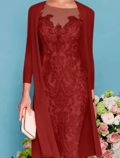 Two Piece Sheath Beach Wedding Mother of the Bride Dress Wedding Guest Elegant Jewel Neck Knee Length Chiffon Lace 3/4 Length Sleeve Wrap Included Jacket Dresses with Beading Appliques