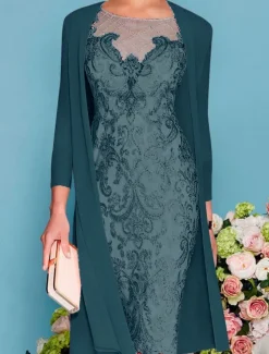Two Piece Sheath Beach Wedding Mother of the Bride Dress Wedding Guest Elegant Jewel Neck Knee Length Chiffon Lace 3/4 Length Sleeve Wrap Included Jacket Dresses with Beading Appliques