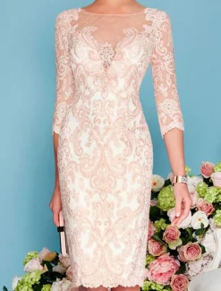 Two Piece Sheath Beach Wedding Mother of the Bride Dress Wedding Guest Elegant Jewel Neck Knee Length Chiffon Lace 3/4 Length Sleeve Wrap Included Jacket Dresses with Beading Appliques