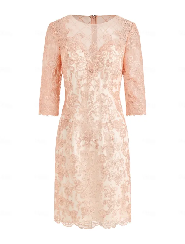 Two Piece Sheath Beach Wedding Mother of the Bride Dress Wedding Guest Elegant Jewel Neck Knee Length Chiffon Lace 3/4 Length Sleeve Wrap Included Jacket Dresses with Beading Appliques