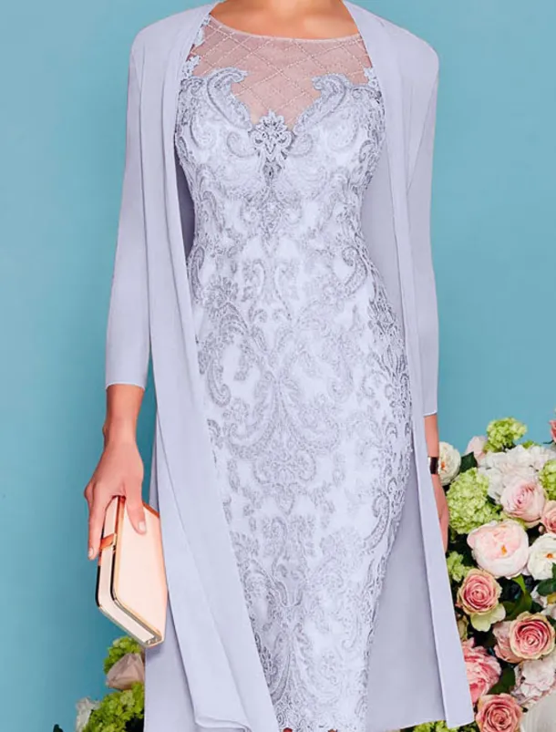 Two Piece Sheath Beach Wedding Mother of the Bride Dress Wedding Guest Elegant Jewel Neck Knee Length Chiffon Lace 3/4 Length Sleeve Wrap Included Jacket Dresses with Beading Appliques