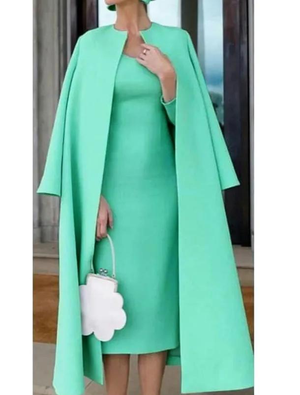 Two Piece Sheath Mother of the Bride Dress Wedding Guest Church Elegant Jewel Neck Knee Length Stretch Fabric Half Sleeve Jacket Dresses with Solid Color Race Day Dress