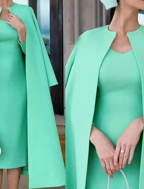 Two Piece Sheath Mother of the Bride Dress Wedding Guest Church Elegant Jewel Neck Knee Length Stretch Fabric Half Sleeve Jacket Dresses with Solid Color Race Day Dress