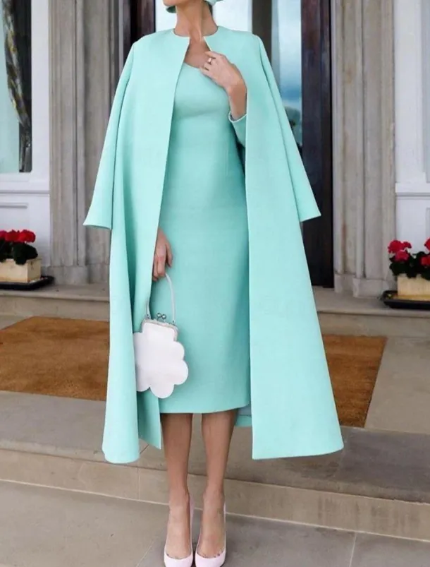 Two Piece Sheath Mother of the Bride Dress Wedding Guest Church Elegant Jewel Neck Knee Length Stretch Fabric Half Sleeve Jacket Dresses with Solid Color Race Day Dress