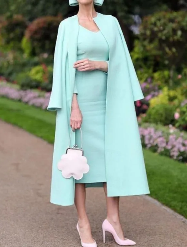 Two Piece Sheath Mother of the Bride Dress Wedding Guest Church Elegant Jewel Neck Knee Length Stretch Fabric Half Sleeve Jacket Dresses with Solid Color Race Day Dress