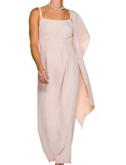 Two Piece Sheath Mother of the Bride Dress Wedding Guest Elegant Square Neck Ankle Length Stretch Fabric Sleeveless Short Jacket Dresses with Buttons Pleats Race Day Dress