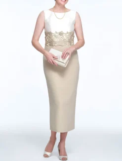 Two Piece Sheath Mother of the Bride Dress Wedding Guest Church Elegant Jewel Neck Ankle Length Stretch Fabric Sleeveless with Appliques Race Day Dress free custom size