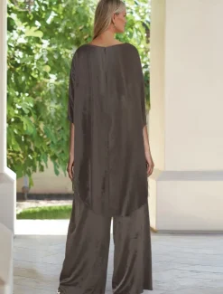 Two Piece Wrinkled Satin Pantsuit Mother of the Bride Pantsuit Elegant Simple Minimalist Cowl Neck Funnel Neck Floor Length Sleeveless Short Sleeve with Draping