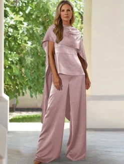 Two Piece Wrinkled Satin Pantsuit Mother of the Bride Pantsuit Elegant Simple Minimalist Cowl Neck Funnel Neck Floor Length Sleeveless Short Sleeve with Draping
