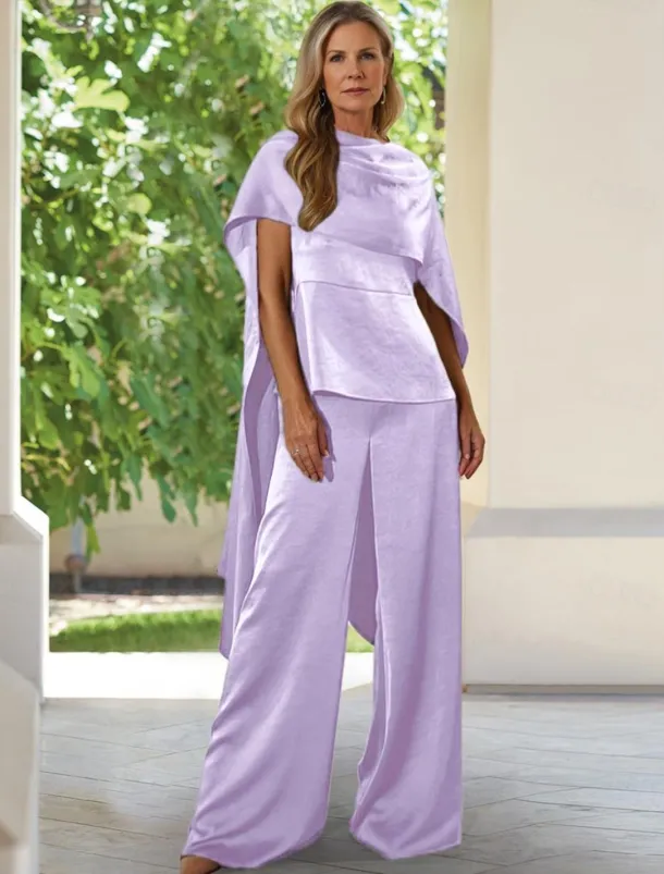 Two Piece Wrinkled Satin Pantsuit Mother of the Bride Pantsuit Elegant Simple Minimalist Cowl Neck Funnel Neck Floor Length Sleeveless Short Sleeve with Draping