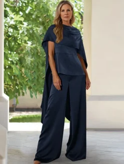 Two Piece Wrinkled Satin Pantsuit Mother of the Bride Pantsuit Elegant Simple Minimalist Cowl Neck Funnel Neck Floor Length Sleeveless Short Sleeve with Draping