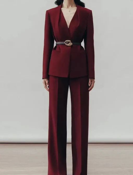 Two Pieces Pantsuit Mother of the Bride Collarless Pleated Blazer Set V Neck Long Sleeve Floor Length Pants