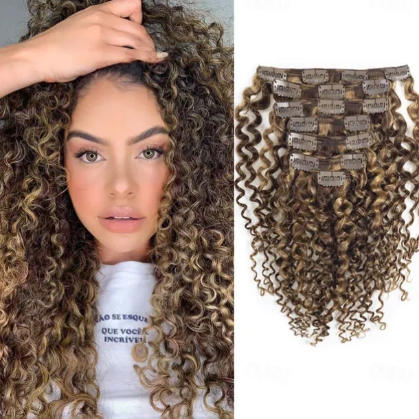 Two Tone Color 14Inch Jerry Curly Clip in Hair Extension Human Hair #4 Dark Brown Color with #27 Strawberry Blonde Color 3B 3C Curly Double Weft with 7pieces 120Grams Per Pack