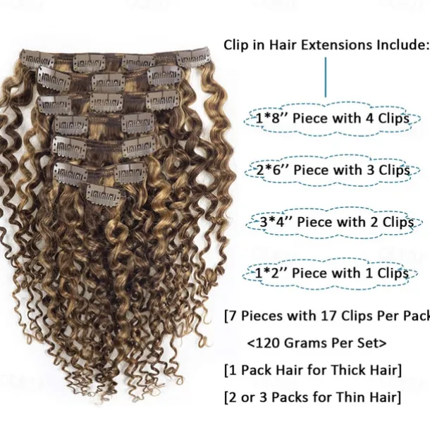 Two Tone Color 14Inch Jerry Curly Clip in Hair Extension Human Hair #4 Dark Brown Color with #27 Strawberry Blonde Color 3B 3C Curly Double Weft with 7pieces 120Grams Per Pack