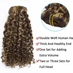Two Tone Color 14Inch Jerry Curly Clip in Hair Extension Human Hair #4 Dark Brown Color with #27 Strawberry Blonde Color 3B 3C Curly Double Weft with 7pieces 120Grams Per Pack