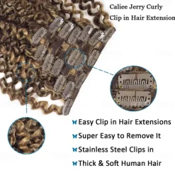 Two Tone Color 14Inch Jerry Curly Clip in Hair Extension Human Hair #4 Dark Brown Color with #27 Strawberry Blonde Color 3B 3C Curly Double Weft with 7pieces 120Grams Per Pack