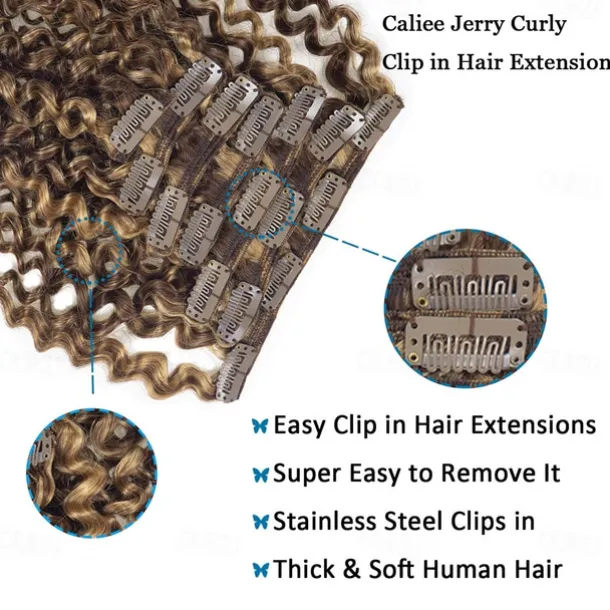 Two Tone Color 14Inch Jerry Curly Clip in Hair Extension Human Hair #4 Dark Brown Color with #27 Strawberry Blonde Color 3B 3C Curly Double Weft with 7pieces 120Grams Per Pack