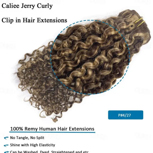 Two Tone Color 14Inch Jerry Curly Clip in Hair Extension Human Hair #4 Dark Brown Color with #27 Strawberry Blonde Color 3B 3C Curly Double Weft with 7pieces 120Grams Per Pack
