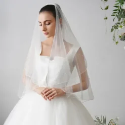 Two-tier Pearls Wedding Veil Fingertip Veils with Faux Pearl 84.65 in (215cm) Tulle