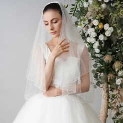 Two-tier Pearls Wedding Veil Fingertip Veils with Faux Pearl 84.65 in (215cm) Tulle