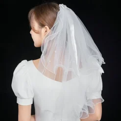 Two-tier Personalized / Pearls Wedding Veil Elbow Veils with Faux Pearl / Satin Bow Tulle