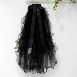 Two-tier Personalized / Pearls Wedding Veil Fingertip Veils with Faux Pearl / Satin Bow 21.65 in (55cm) Tulle
