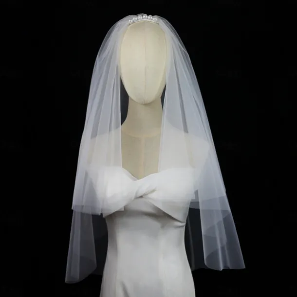 Two-tier Stylish / Sweet Wedding Veil Elbow Veils with Faux Pearl / Pure Color 30 cm Tulle