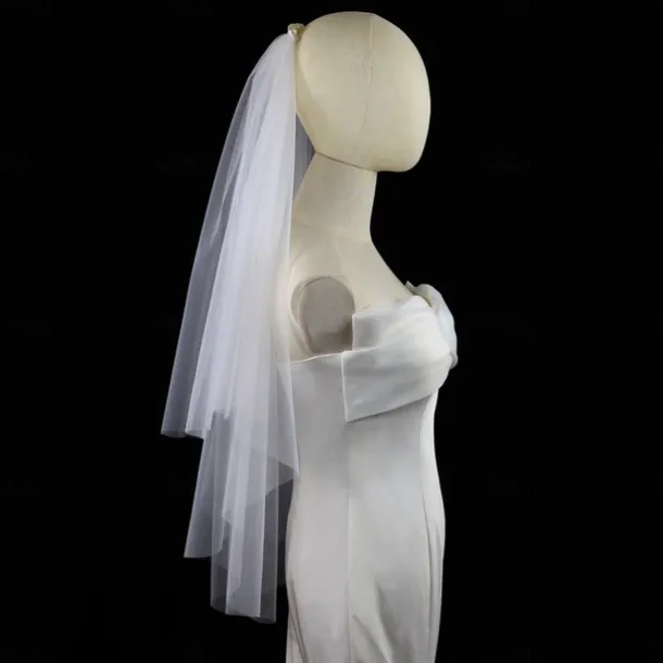 Two-tier Stylish / Sweet Wedding Veil Elbow Veils with Faux Pearl / Pure Color 30 cm Tulle