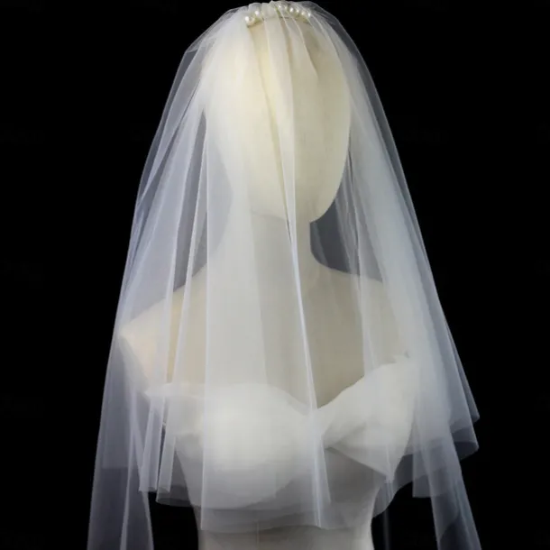 Two-tier Stylish / Sweet Wedding Veil Elbow Veils with Faux Pearl / Pure Color 30 cm Tulle