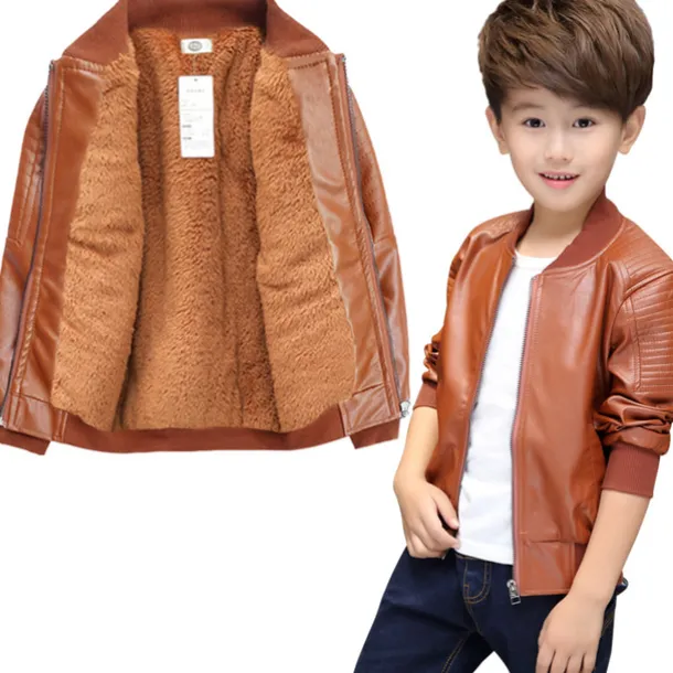 Ulknn Baby Boys Pu Jackets Threaded Round Neck Jacket Autumn And Winter Plus Velvet Thickening All Season