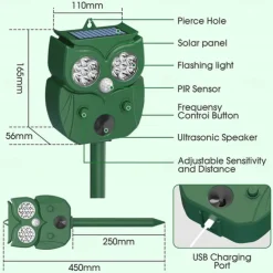 Ultrasonic Animal Repeller – Waterproof Solar Powered Motion Detection Device with LED Flash for Dogs, Cats, Foxes, Raccoons, Squirrels