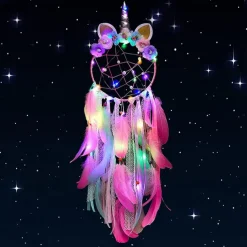 Unicorn Dream Catcher with Colorful LED Light for Girls Boys Bedroom Wall Decor Hanging Ornament Festival Gift (Pink)