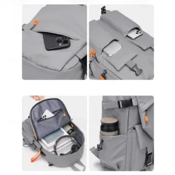 Unisex Gray Utility Backpack – Water-Resistant School and Travel Bag with Buckle Straps and Multiple Storage Pockets