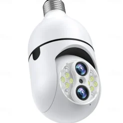 Upgraded Dual Lens 10XHybrid Zoom Light Bulb Security Camera WIFI 360 Auto Tracking Security Camera Color Night Vision Siren& Light Alarm PTZ IP Camera For Home Security