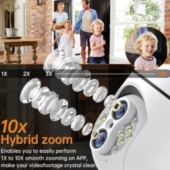 Upgraded Dual Lens 10XHybrid Zoom Light Bulb Security Camera WIFI 360 Auto Tracking Security Camera Color Night Vision Siren& Light Alarm PTZ IP Camera For Home Security