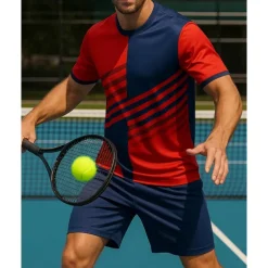 US Open Men's Graphic Geometric Sports Set Shirts & Shorts Tennis Set Two-piece Suit Short Sleeves Sweat-Wicking Moisture Wicking Breathable Tennis Golf Pickleball Red Blue Orange Tennis Clothing