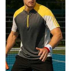 US Open Men's Patchwork Sport Shirt Golf Polo Shirt Tennis Shirt Tennis Tee Short Sleeves Front Zip Sweat-Wicking Moisture Wicking Breathable Tennis Golf Pickleball Yellow Blue Dark Gray Tennis