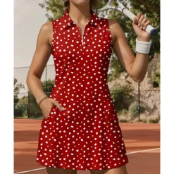 US Open Women's Dot Tennis Dress Sports Dress Sleeveless Print Breathable Tennis Golf Badminton Polo Collar Zip Collar Dress Red Tennis Clothing