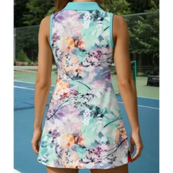 US Open Women's Floral Tennis Dress Sports Dress Sleeveless Print Breathable Tennis Golf Badminton Polo Collar Zip Collar Dress Blue Tennis Clothing