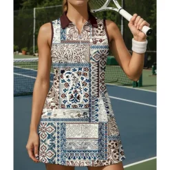 US Open Women's Floral Tennis Dress Sports Dress Sleeveless Print Breathable Tennis Golf Badminton Polo Collar Zip Collar Dress Coffee Tennis Clothing