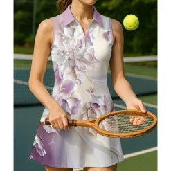 US Open Women's Floral Tennis Dress Sports Dress Sleeveless Print Breathable Tennis Golf Badminton Polo Collar Zip Collar Dress Purple Tennis Clothing