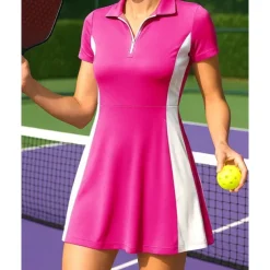 US Open Women's Patchwork Tennis Dress Short Sleeve Zipper Pocket Contrast Binding Breathable Tennis Pickleball Polo Collar Dress Black White Dark Navy Tennis Clothing