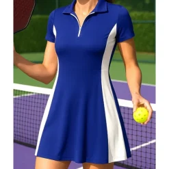 US Open Women's Patchwork Tennis Dress Short Sleeve Zipper Pocket Contrast Binding Breathable Tennis Pickleball Polo Collar Dress Black White Dark Navy Tennis Clothing
