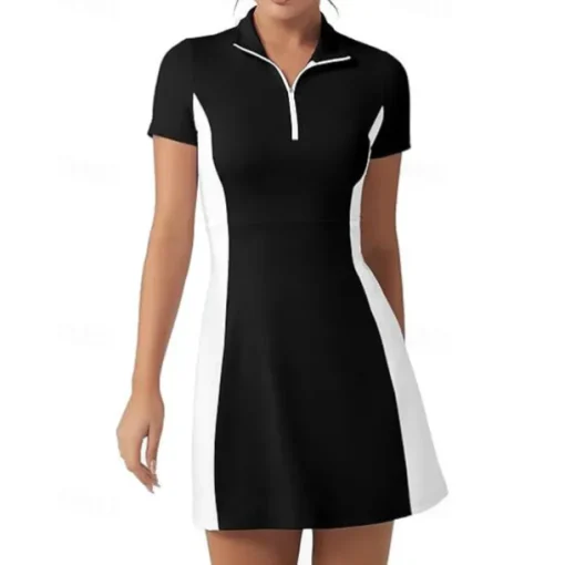 US Open Women's Patchwork Tennis Dress Short Sleeve Zipper Pocket Contrast Binding Breathable Tennis Pickleball Polo Collar Dress Black White Dark Navy Tennis Clothing