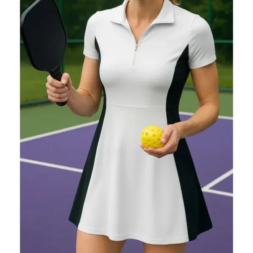 US Open Women's Patchwork Tennis Dress Short Sleeve Zipper Pocket Contrast Binding Breathable Tennis Pickleball Polo Collar Dress Black White Dark Navy Tennis Clothing