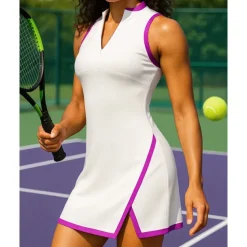 US Open Women's Patchwork Tennis Dress Sleeveless Contrast Binding Split Breathable Tennis Pickleball Yoga V Neck Dress Black White Red Tennis Clothing